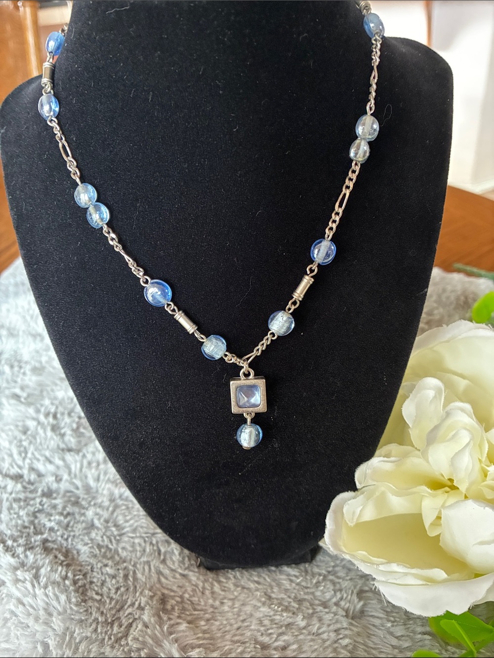Nine West Blue Beaded Square Pendant Necklace